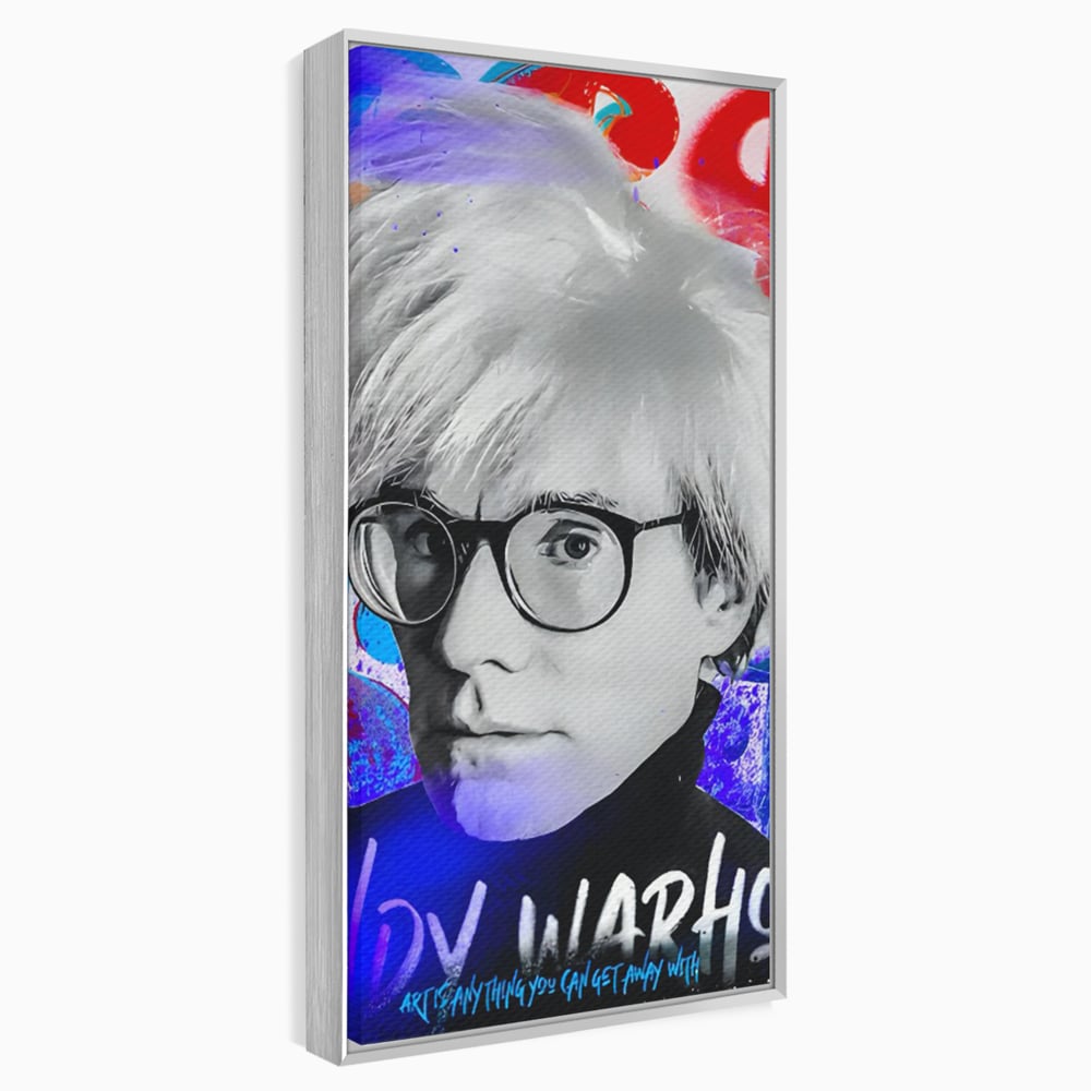 Tablou canvas cu tablou canvas cu portretul lui andy warhol, in rama de aluminiu argintiu